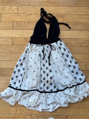 Lithe White Black Embroidered Halter Mini Dress Boho Festival